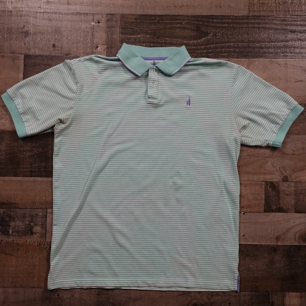 Johnnie-O Striped Polo Shirt Men’s Size Large Mint Green Purple Surf Logo